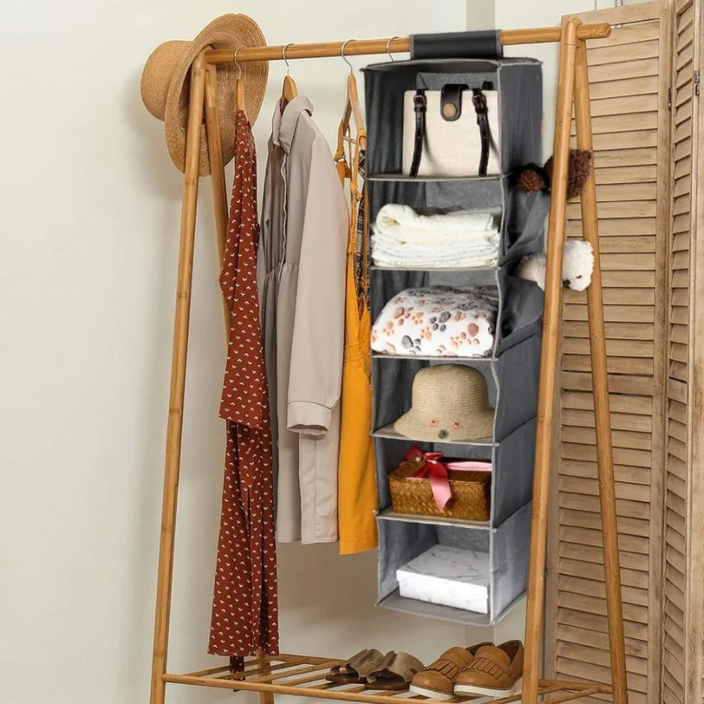 Gray Hanging Closet Organizer 6-Tier Hanging Closet Shelf Organizer With Pockets